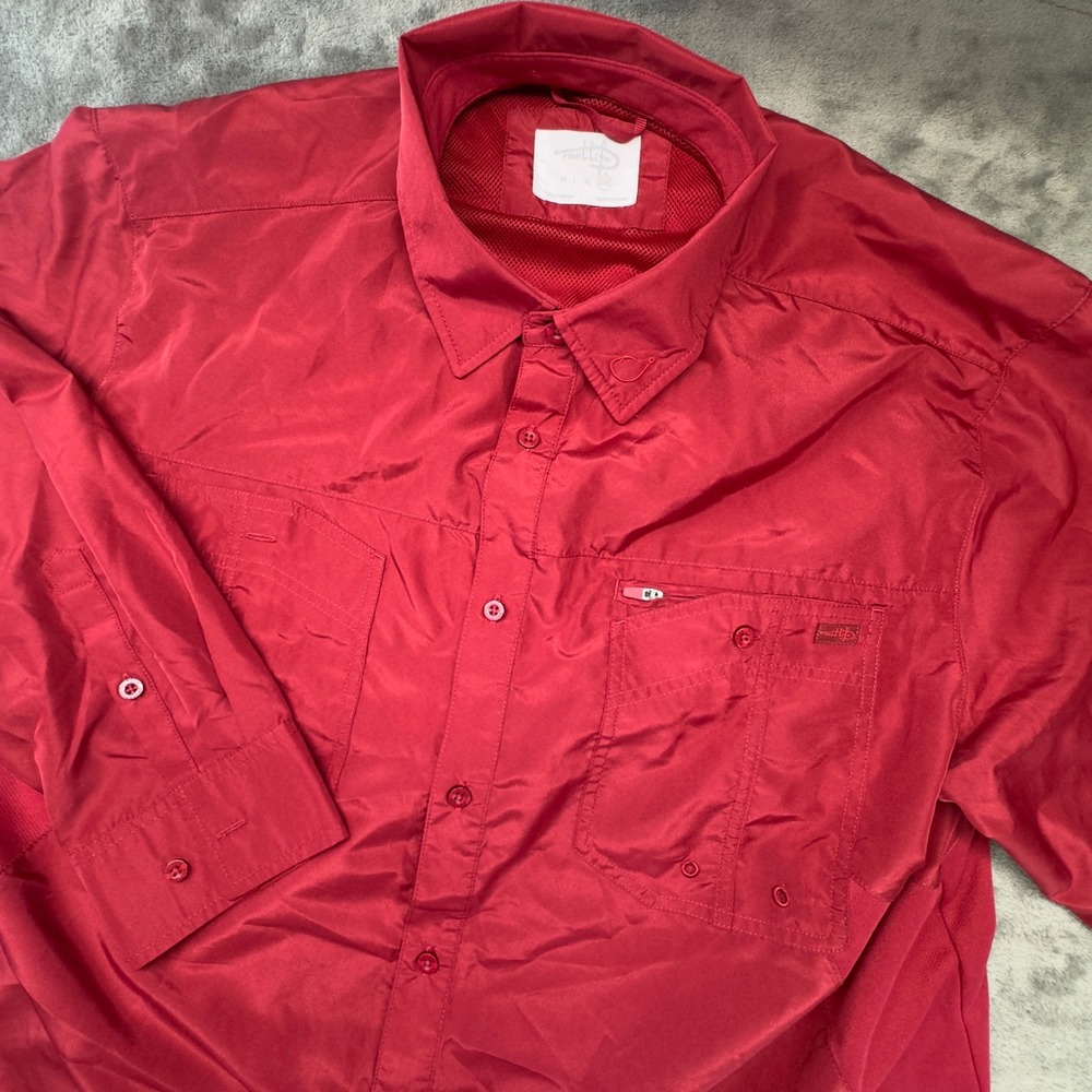 Reel Life Fishing Shirt Vented Long Sleeve Button Up Pockets‎ Red 2XL